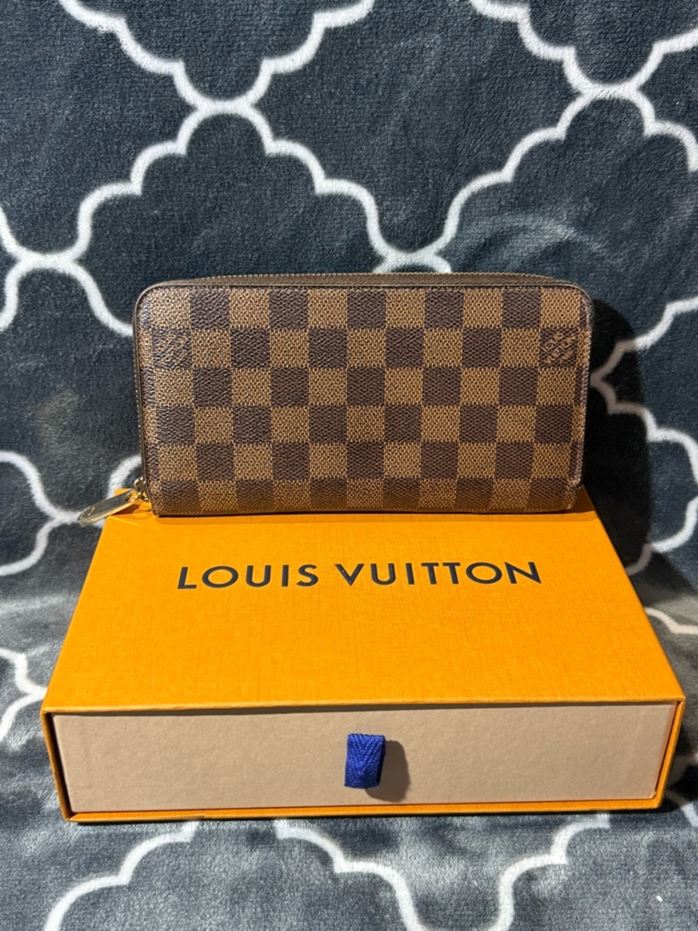Louis Vuitton Damier Ebene Brown Check Zip Wallet with Gold-Tone Hardware